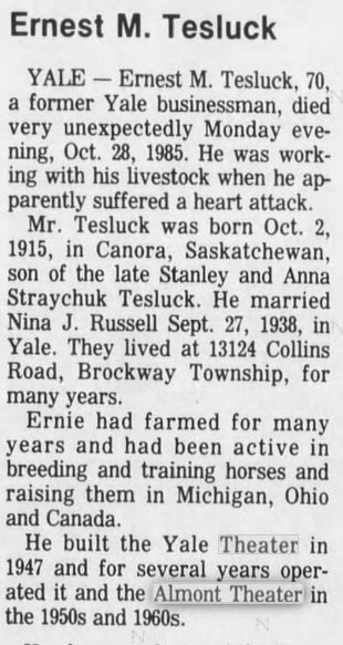 Almont Theatre - Oct 30 1985 Former Operator Passes On (newer photo)